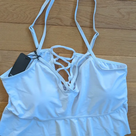 Grabriell-Aug Top White Ruffle Women 16 Peplum Lace-back Spaghetti Strap Crop - Picture 2 of 6